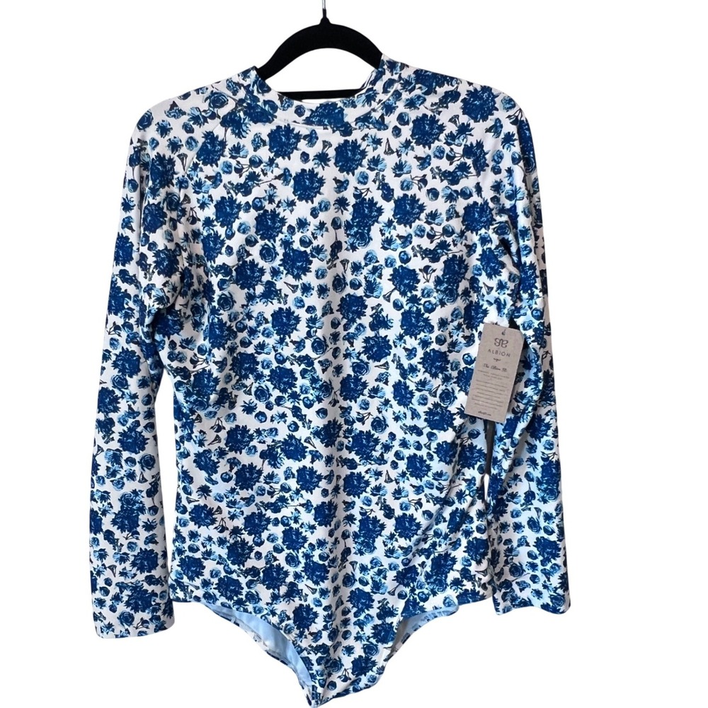 Albion Fit Santorini Long Sleeve Rash Guard Swimsuit Blue Floral XL NWT
